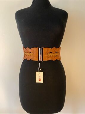 Grace Karin Tan Braided Elastic Waist Belt with Metal Clasp